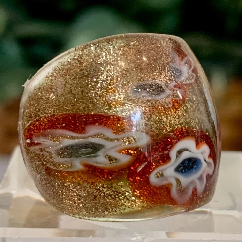 Vintage Murano Style Solid Glass Hand Blown Red Gold Millefiori Dome Ring Size 7